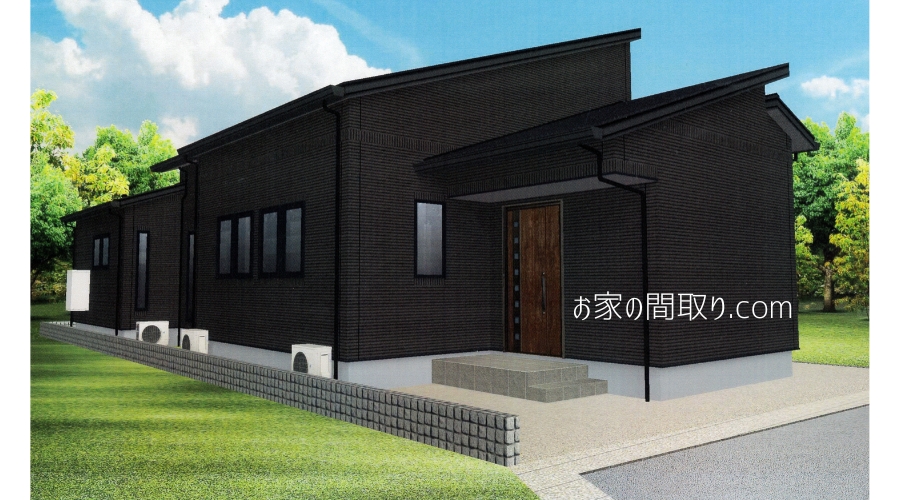 黒を基調としたモダンな平屋の外観デザイン。おしゃれな片流れ屋根と木目調の玄関ドアが特徴的な注文住宅の建築事例。スタイリッシュで高級感のある1階建て住宅の外観パース。